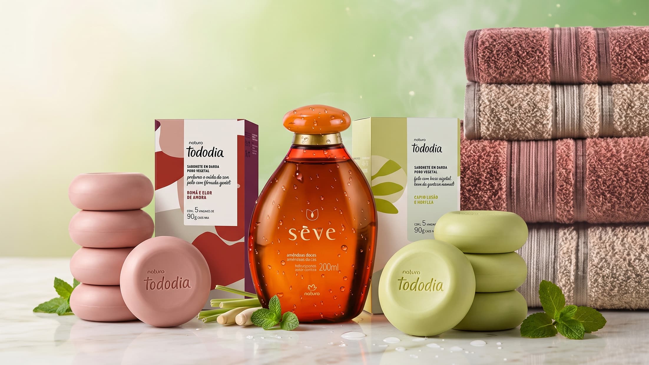 Banho que cuida da pele: sabonete vegetal, óleo e toalha