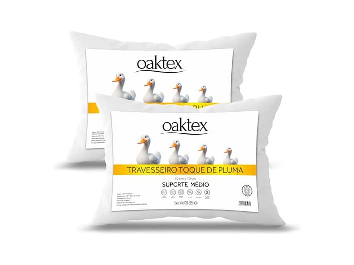 Kit 2 Travesseiros 70x50 Antialérgico Lavável Fibra Siliconada Toque de Pluma de Ganso Oaktex Cor Branco