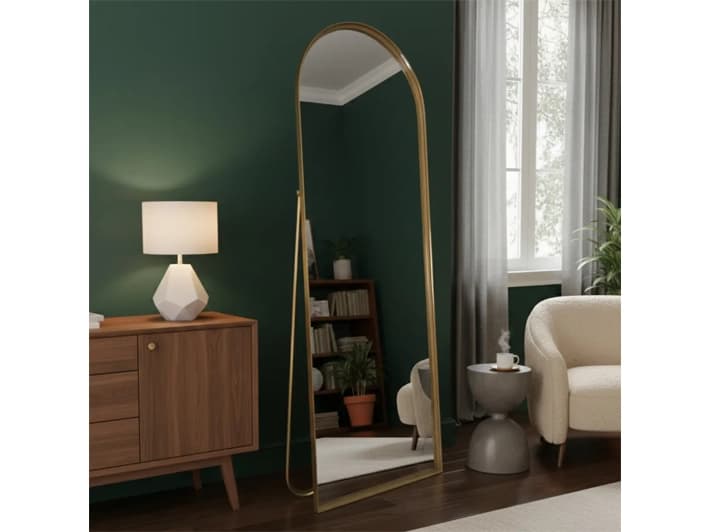Espelho De Chão Base Reta Corpo Inteiro Com Moldura E Suporte Dourado 146x36cm