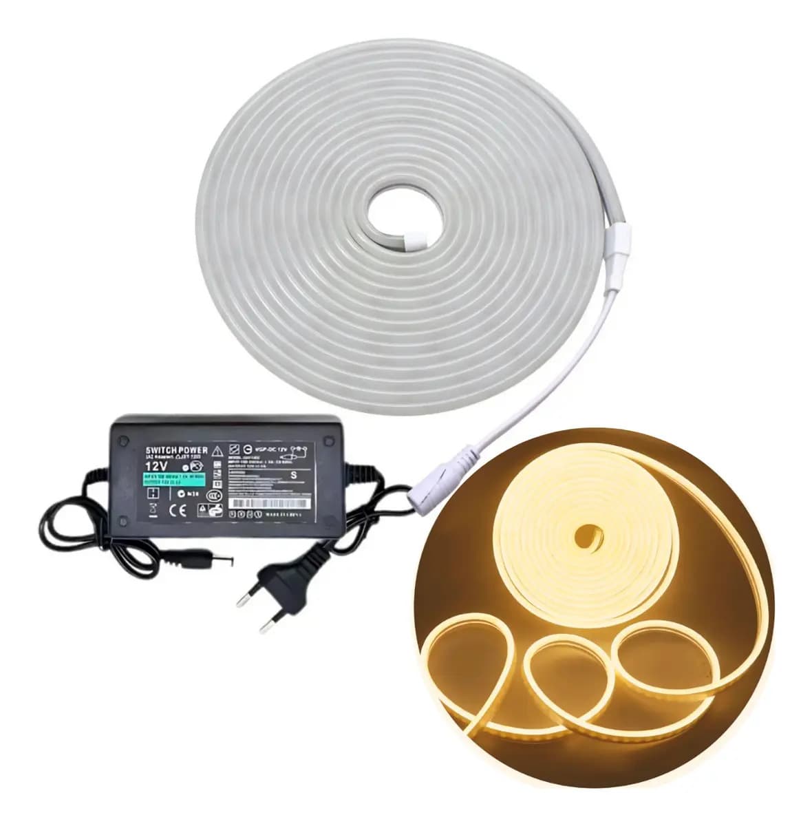 Mangueira Fita LED Neon Flex 5m Branco Quente + Fonte (corte 2,5cm)