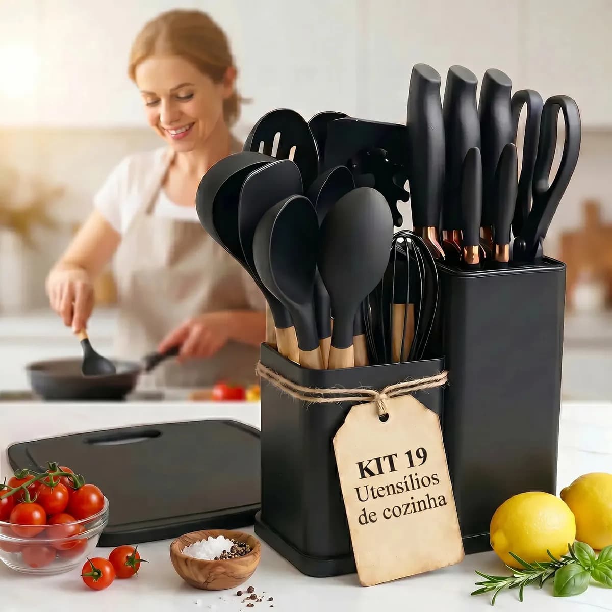 Kit 19 Peças Utensílios de Cozinha em Silicone Ponte Lar com Balde Organizador