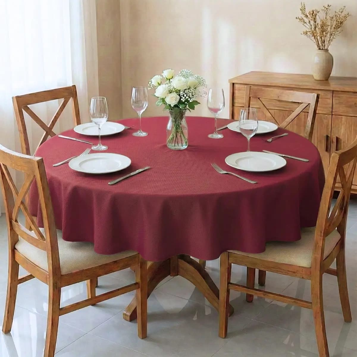 Toalha de Mesa Redonda 4 Lugares Oxford Cor Vinho 1,40m