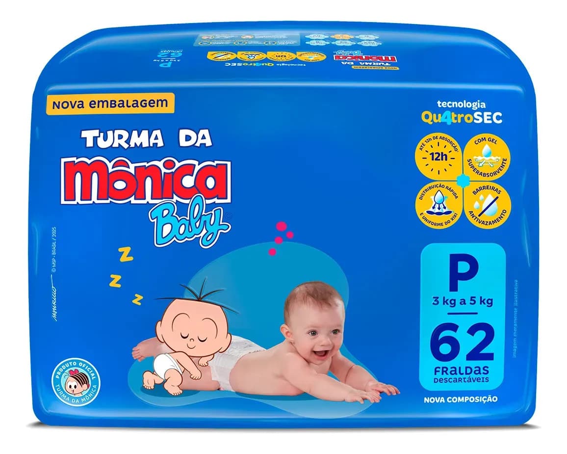 Baby Qu4troSec Turma da Mônica Fralda P 62 Unidades