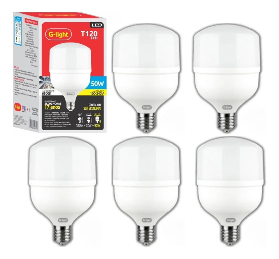 Kit 5 Lâmpadas LED Bulbo 50W 6500K Branco Frio Alta Potência Bivolt