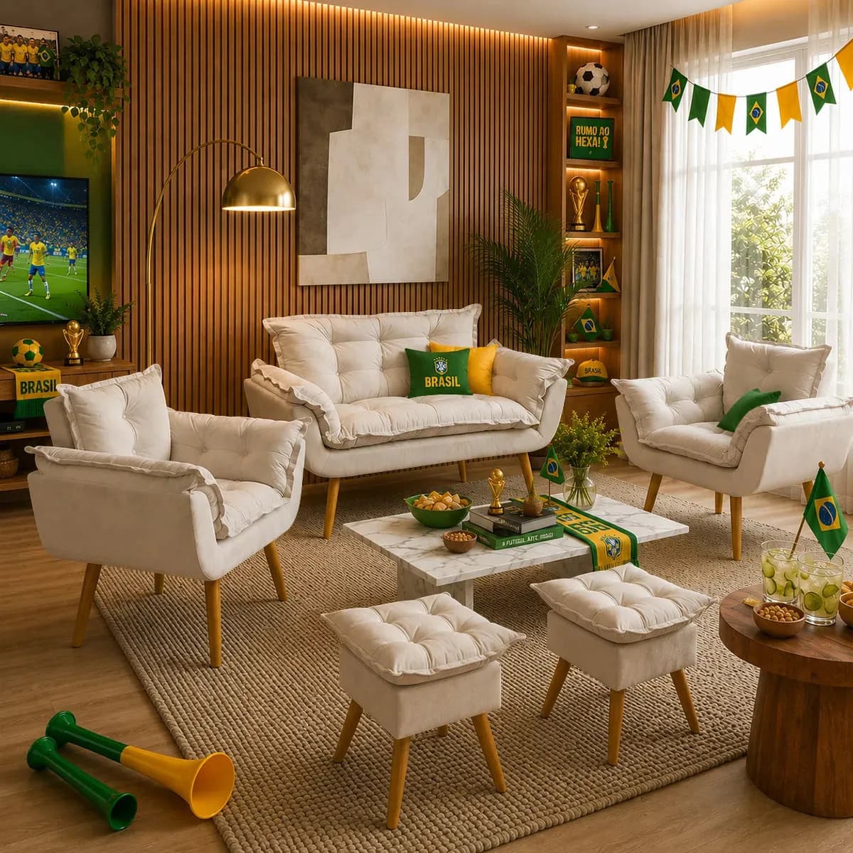 Kit Namoradeira Alice com 2 Poltronas e 2 Pufes em Suede Bege