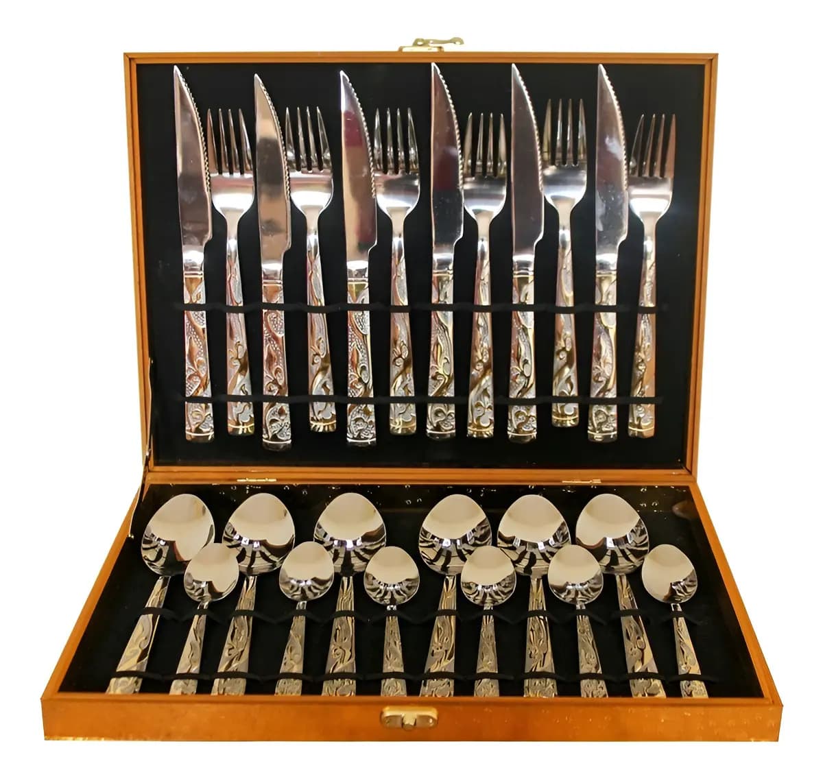 Faqueiro Mafê Inox 24 Peças com Detalhe Dourado e Maleta