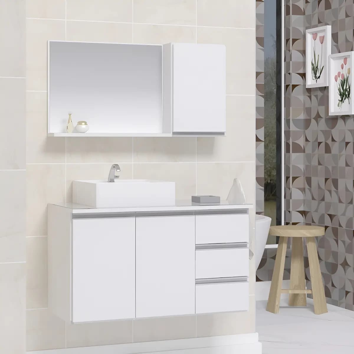 Conjunto Gabinete de Banheiro Prisma 80cm com Tampo de Vidro e Espelheira