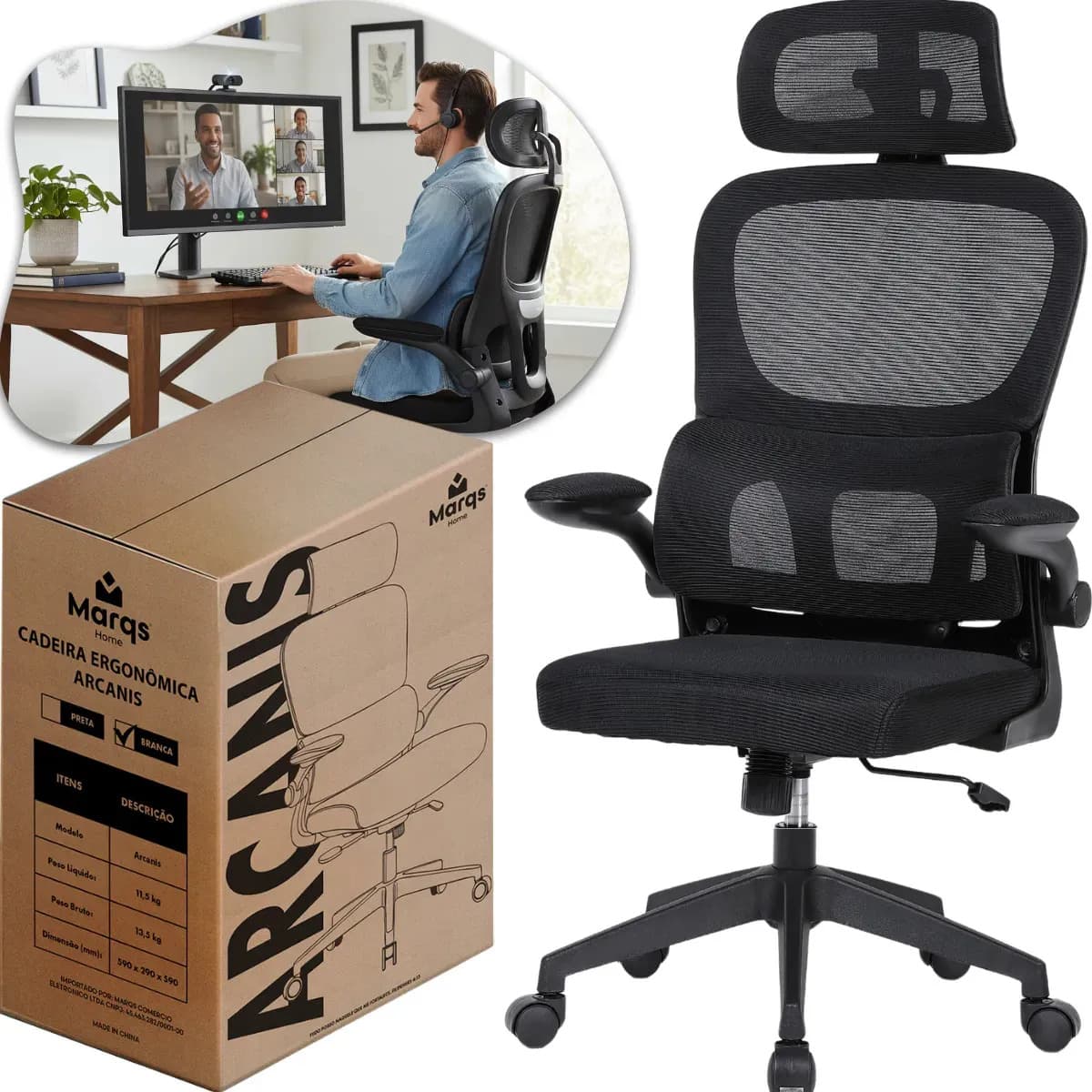 Cadeira Presidente Marqs Home Arcanis Ergonômica NR17 Encosto Mesh