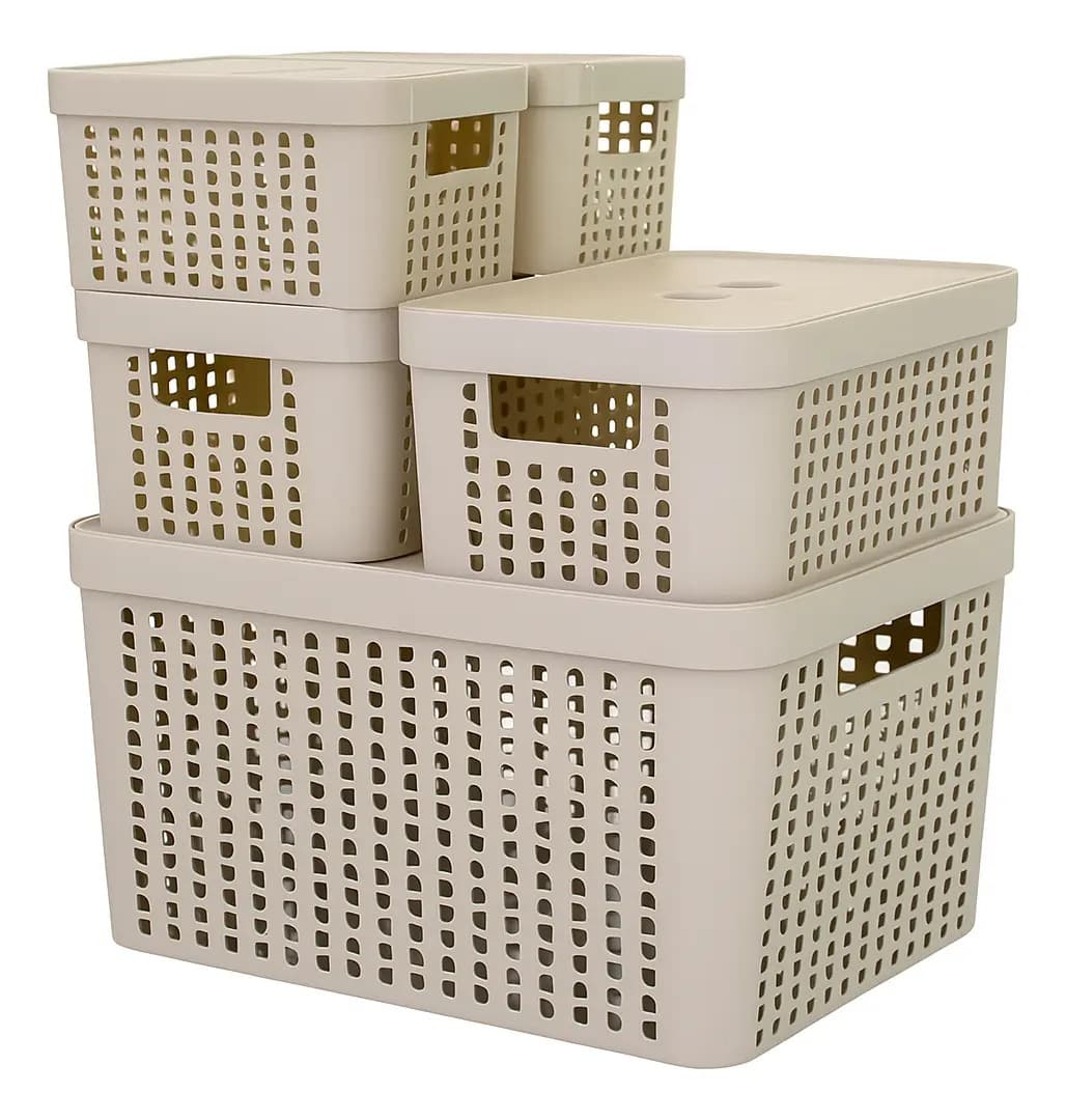 Kit 5 Caixas Organizadoras com Tampa Multiuso Bege (2L, 4,5L e 17L)
